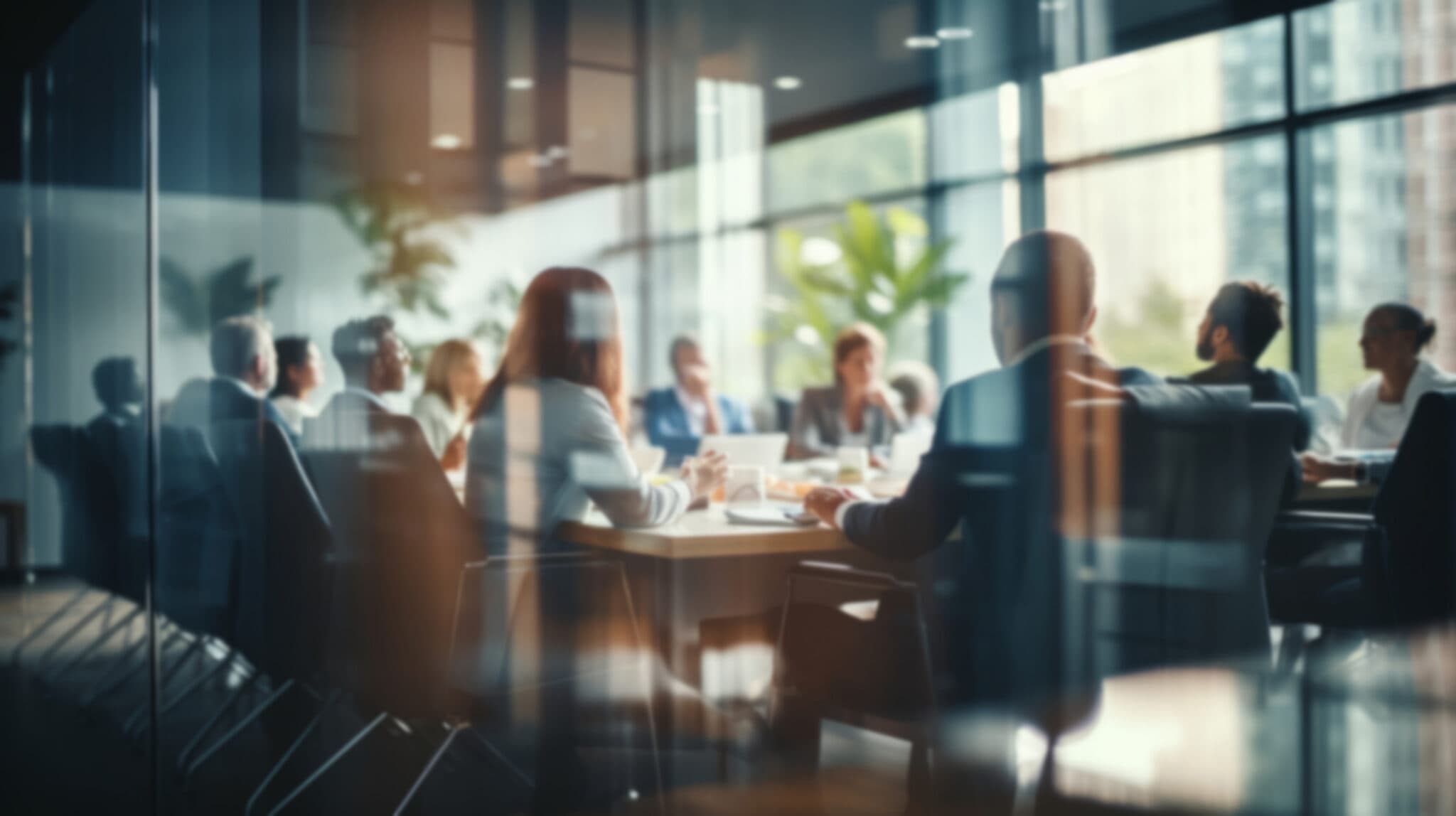 A boardroom seen through glass, city lights beyond the windows.