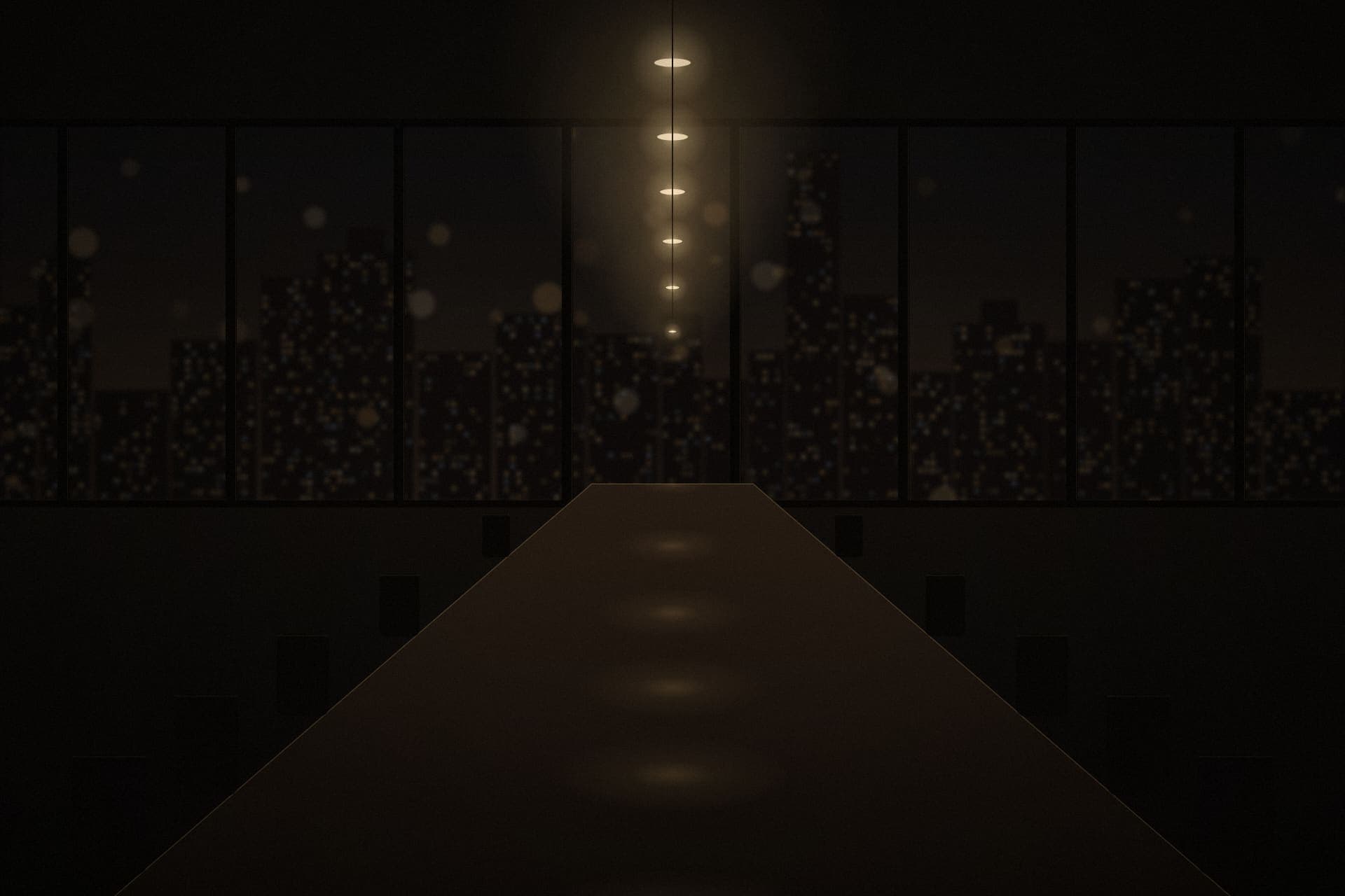 Illustration: an empty meeting room at night, a long table facing a wall of windows.