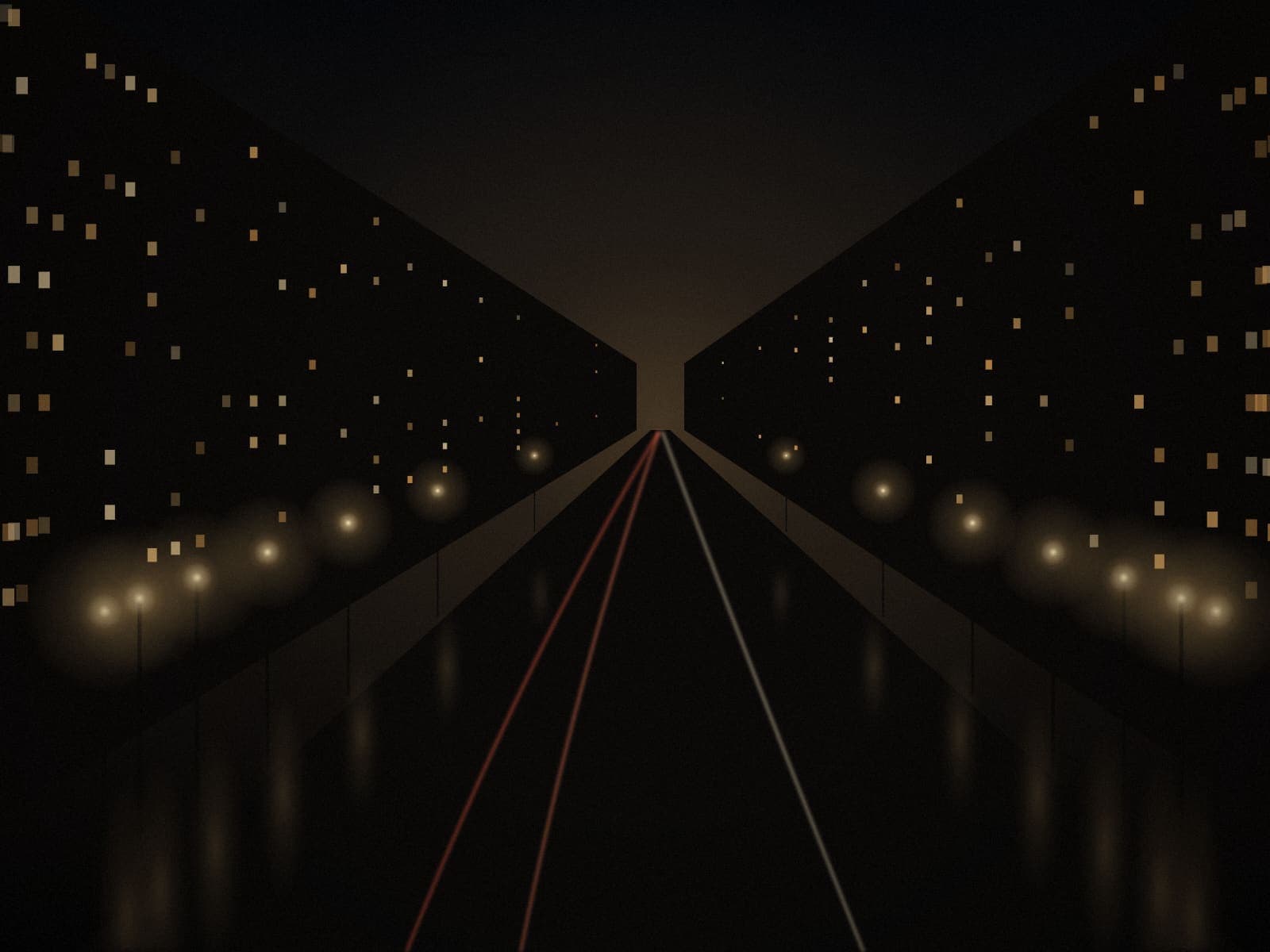 Illustration: a city street at night, lamps on both sides and the light trails of passing cars.