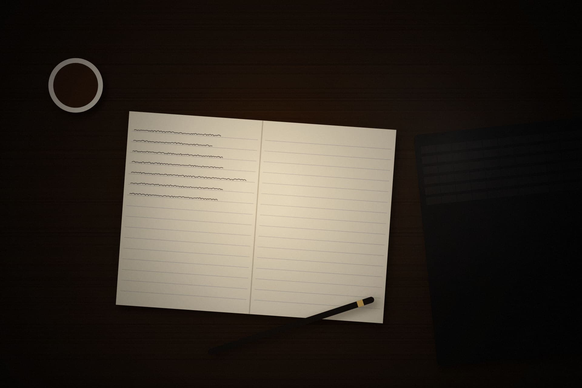 Illustration: an open notebook with a few handwritten lines, a pencil, and a cup on a desk.