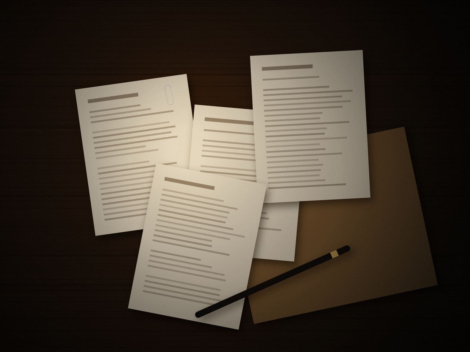 Illustration: typed pages and a folder spread on a desk, with a pencil.